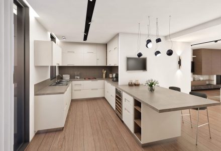 3d redering kitchen with chairs.