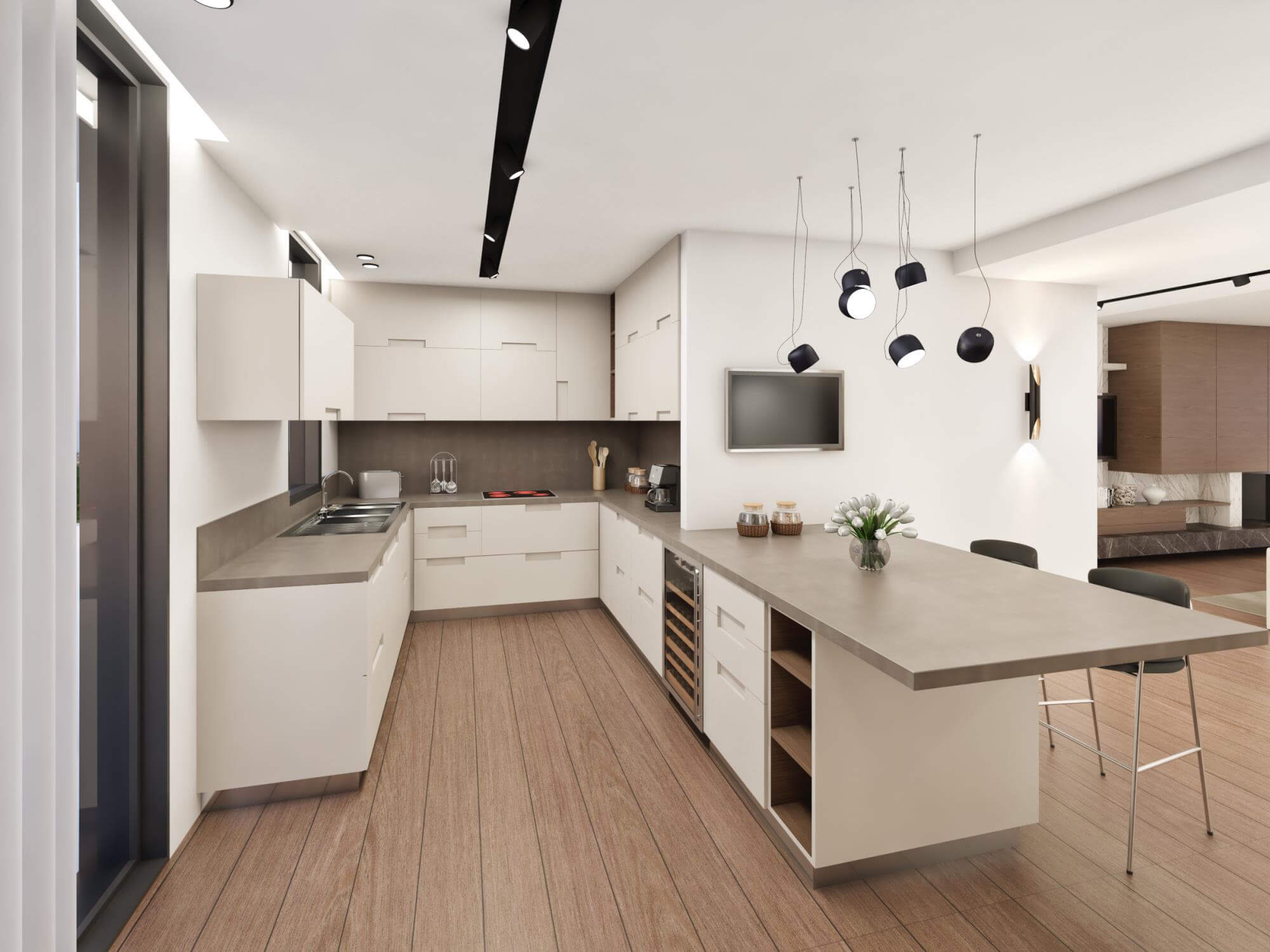 3d redering kitchen with chairs.