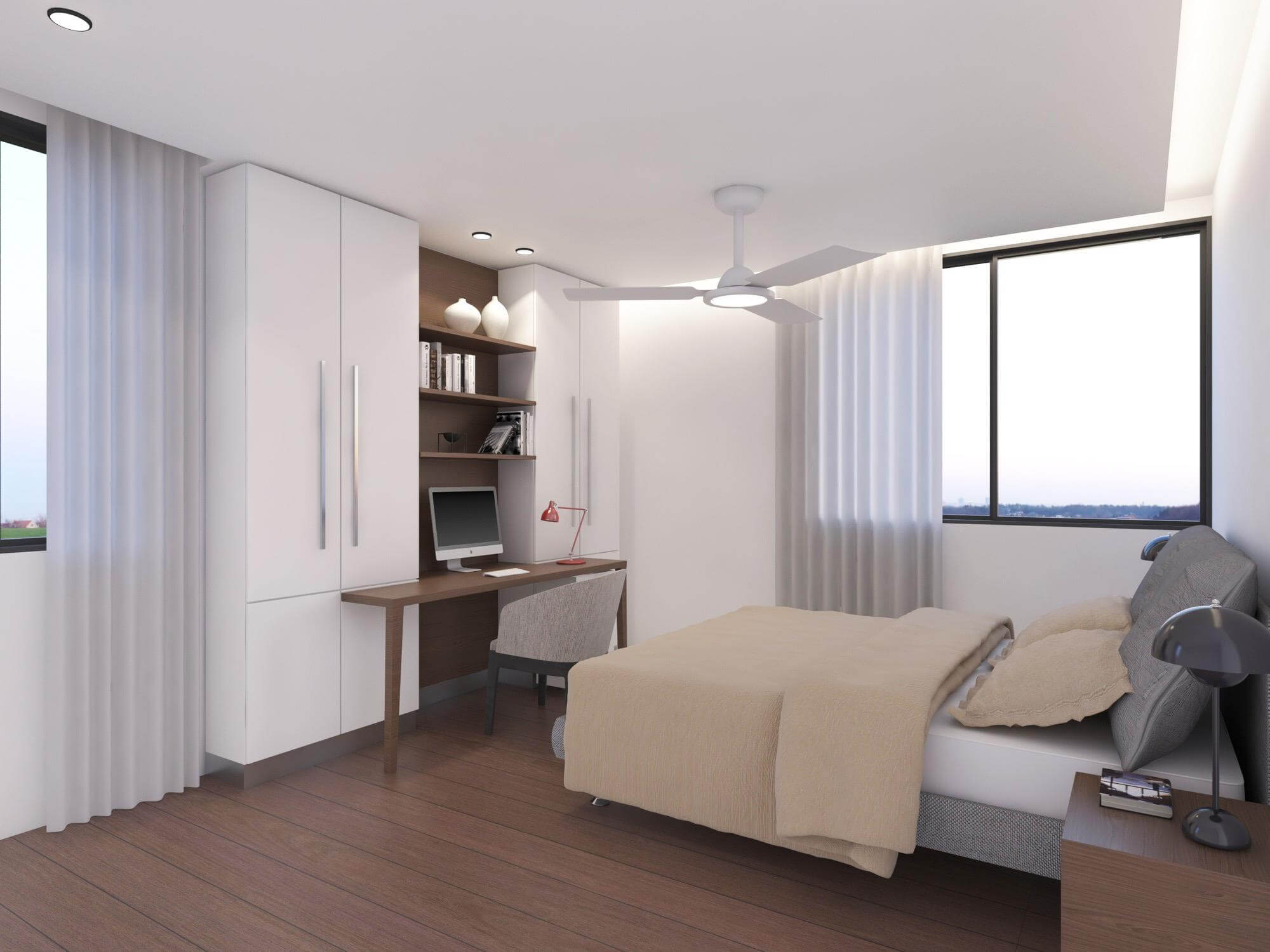 Bedroom, with a small bed, window with view, white cupboard and wooden desk with a mac on it.