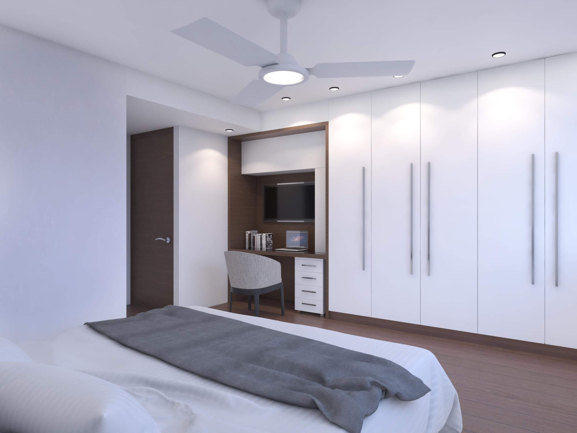 Bedroom with white walls, white cupboard, wooden desk and door.