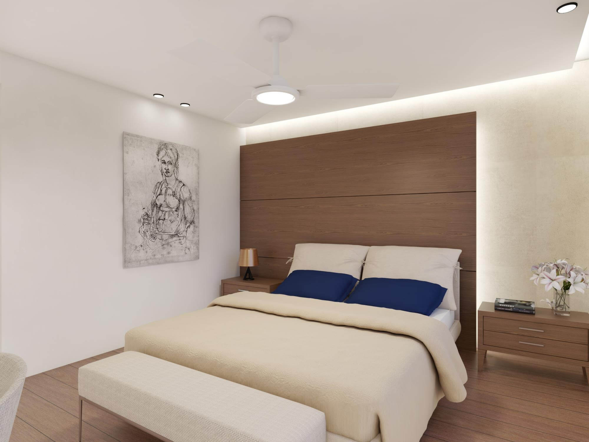 Bedroom with wooden bedhead, blue and beige pillows, a woman paint on the wall and two bedside tables the one with flowers.