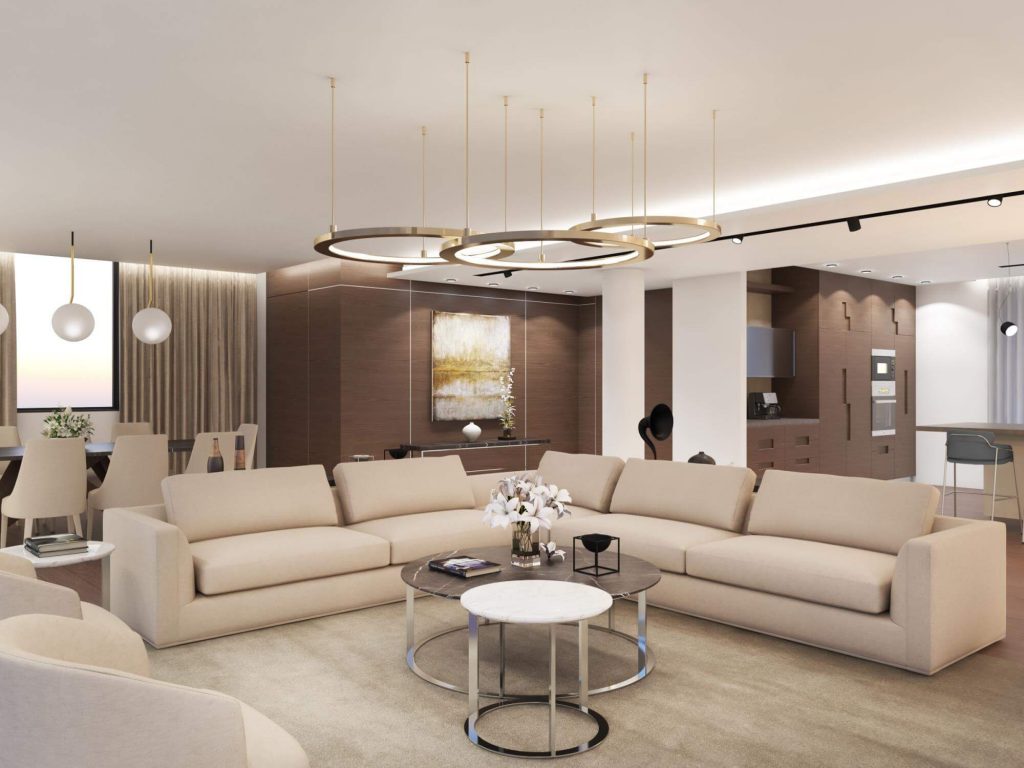 Living room in earth colours and wood materials