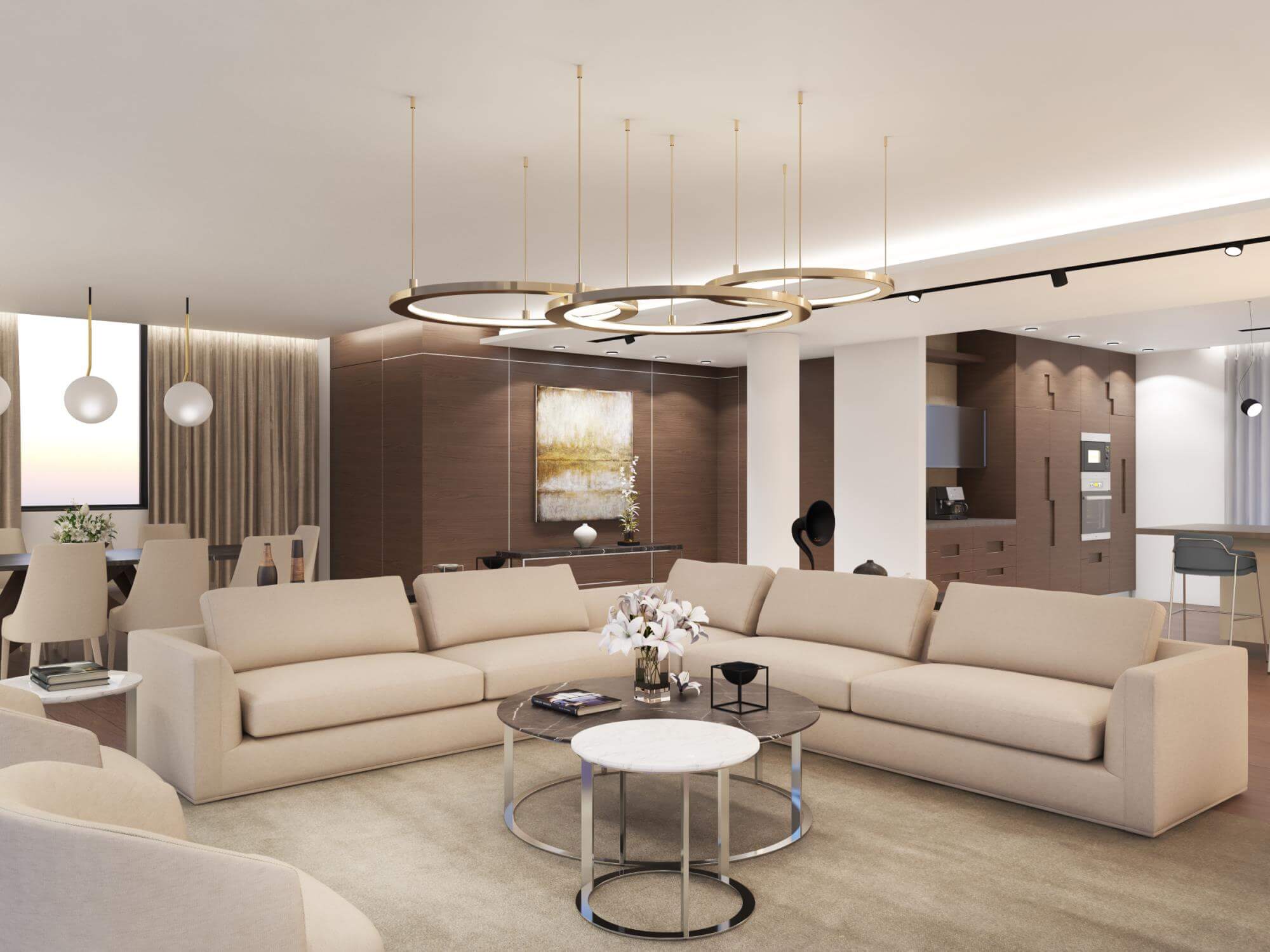 Living room in earth colours and wood materials